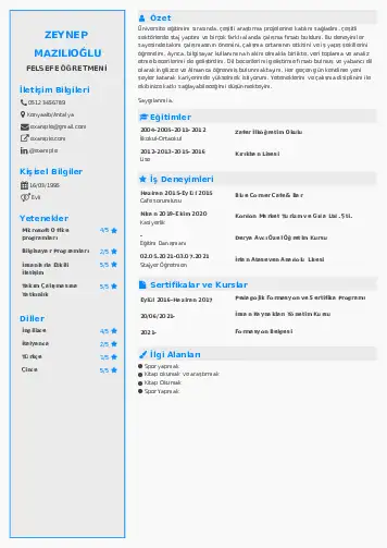 Felsefe Öğretmeni CV Örnekleri cv indir